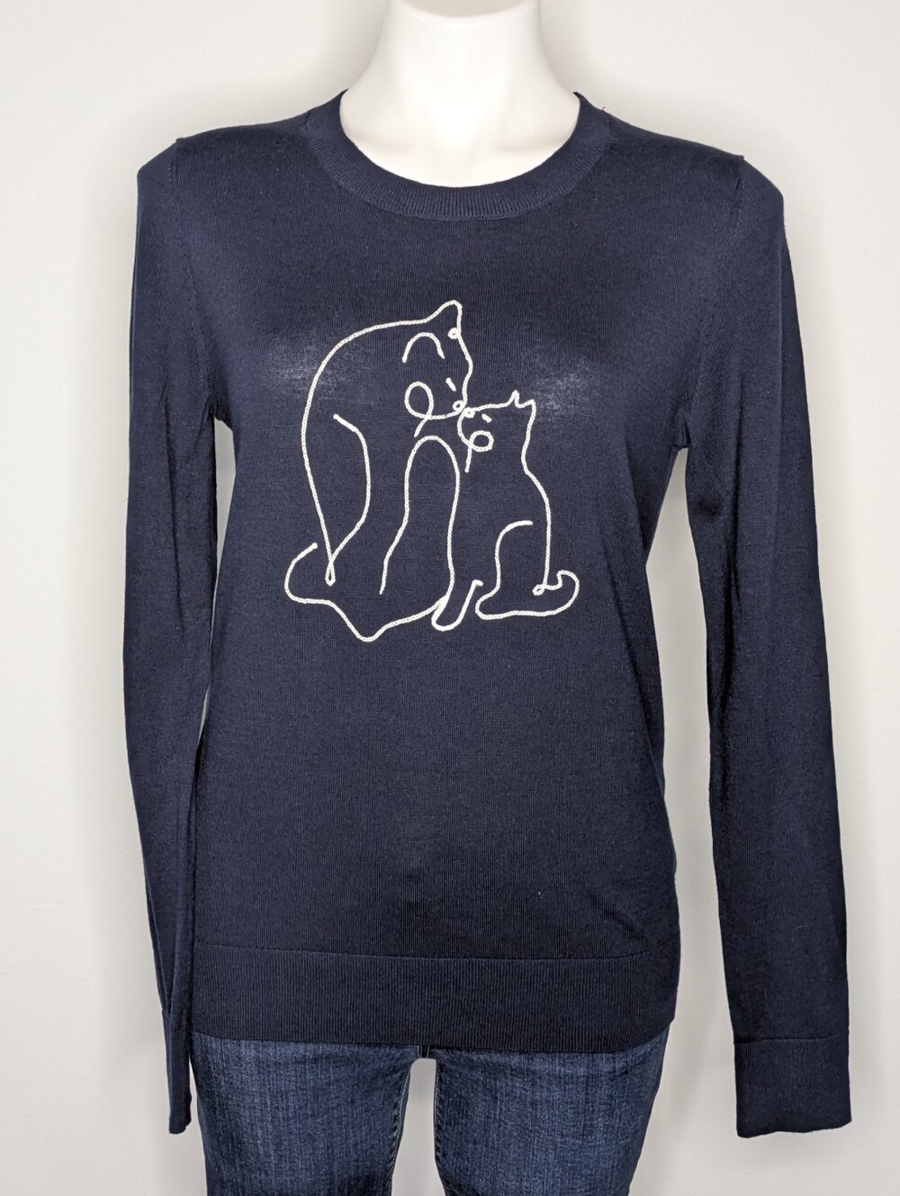 NWT Banana Republic Factory Blue White Cat Kitten Stitched Lightweight Sweater S